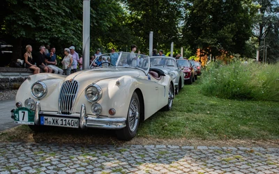Wei&szlig;er Jaguar XK bei der Lindau Klassik Rallye auf gr&uuml;nem Rasen