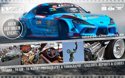 Toyota GR Supra driftet auf asphaltierter Strecke mit rauchender Reifen.