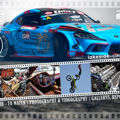 Toyota GR Supra driftet auf asphaltierter Strecke mit rauchender Reifen.
