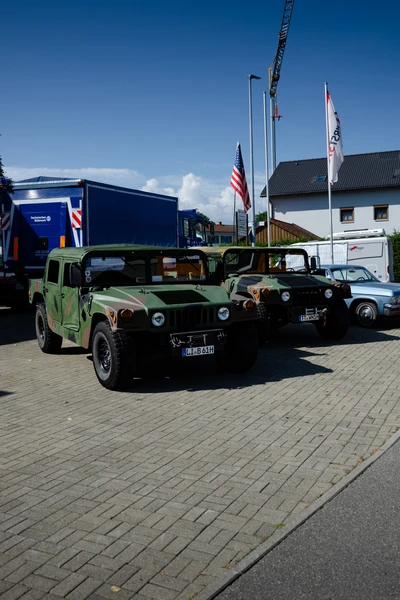Zwei gr&uuml;ne Milit&auml;rfahrzeuge vor einem blauen Transporter auf dem American-Dream-V8 Treffen in Lindenberg
