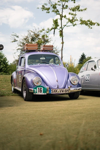 Lila Volkswagen K&auml;fer mit Dachgep&auml;cktr&auml;ger auf der Lindau-Klassik Rallye