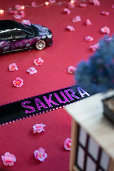 Modellfahrzeug mit Sakura-Schriftzug auf rotem Untergrund mit Blumen