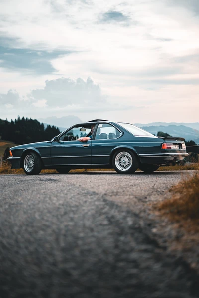 Dunkelblauer BMW 3er auf einer kurvenreichen Landstra&szlig;e bei Lindau-Klassik Rallye