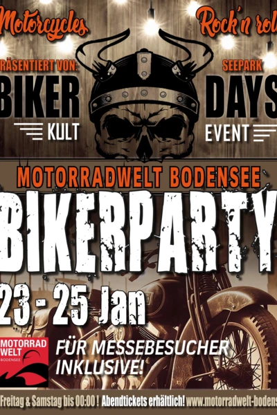 Motorradmesse und Bikerparty vom 23. bis 25. Januar 2026. Bikerparty-Event auf der Motorradwelt Bodensee 2026, Friedrichshafen