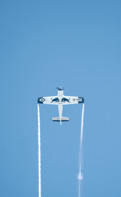 Ein Flugzeug mit Red Bull-Lackierung fliegt senkrecht in den blauen Himmel.