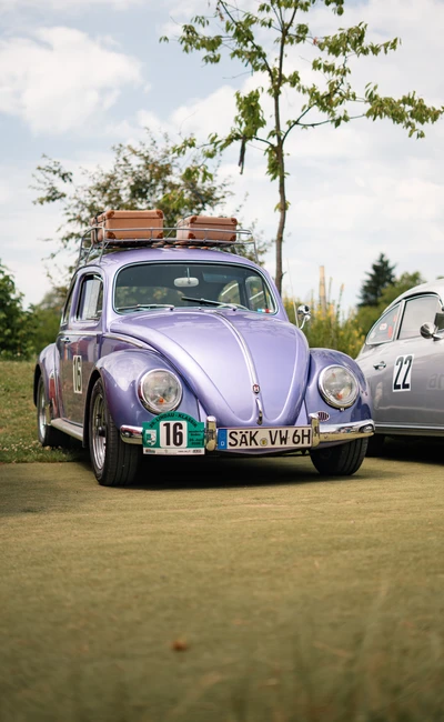 Lila Volkswagen K&auml;fer mit Dachgep&auml;cktr&auml;ger auf der Lindau-Klassik Rallye